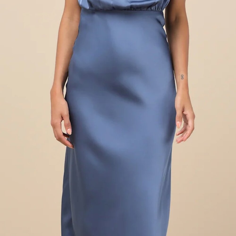 Lulus Distinctive Charm Slate Blue Satin Asymmetrical Midi Dress - Size S - Picture 3 of 5